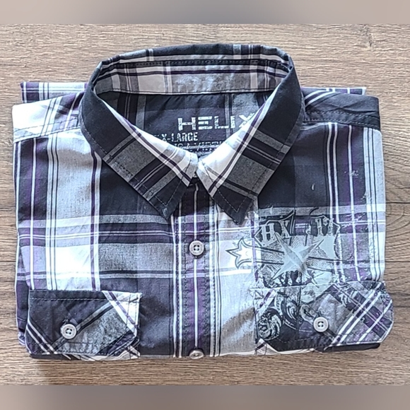 Genlty Worn! HELIX - Mens Plaid Graphic Long Sleeve Shirt - Size XL Y2K - Picture 2 of 5